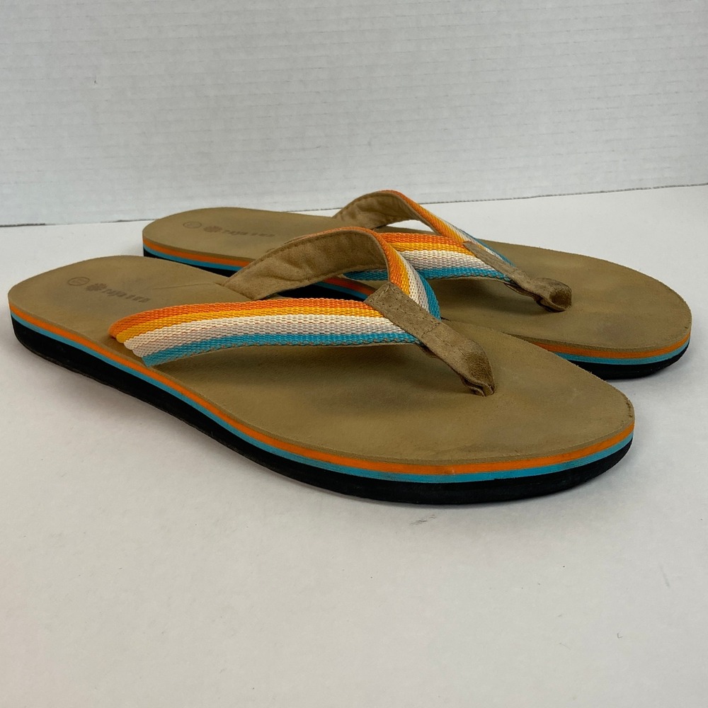 Raya Sun Mens Flip Flop Sandals Tan Multi Color Striped Straps Size 11 Thong